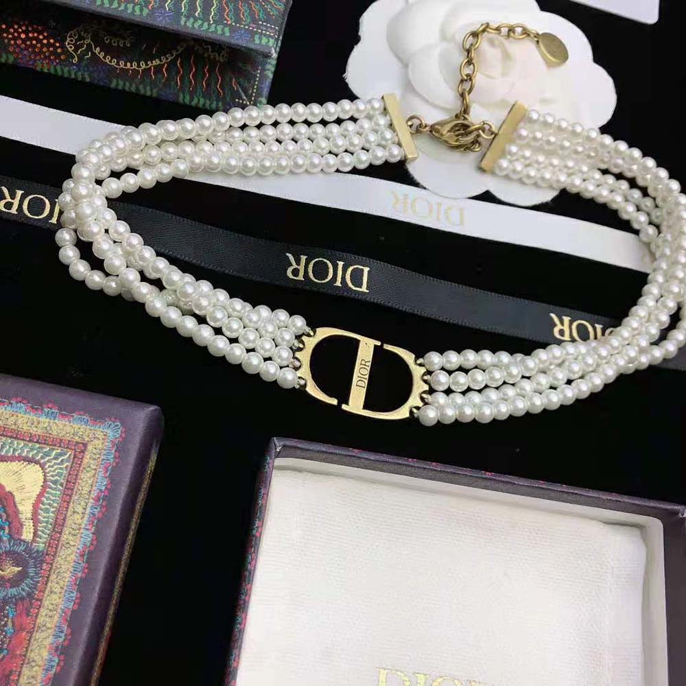 Side angle showing white accents on Dior Women 30 Montaigne Choker Antique Gold-Finish Metal