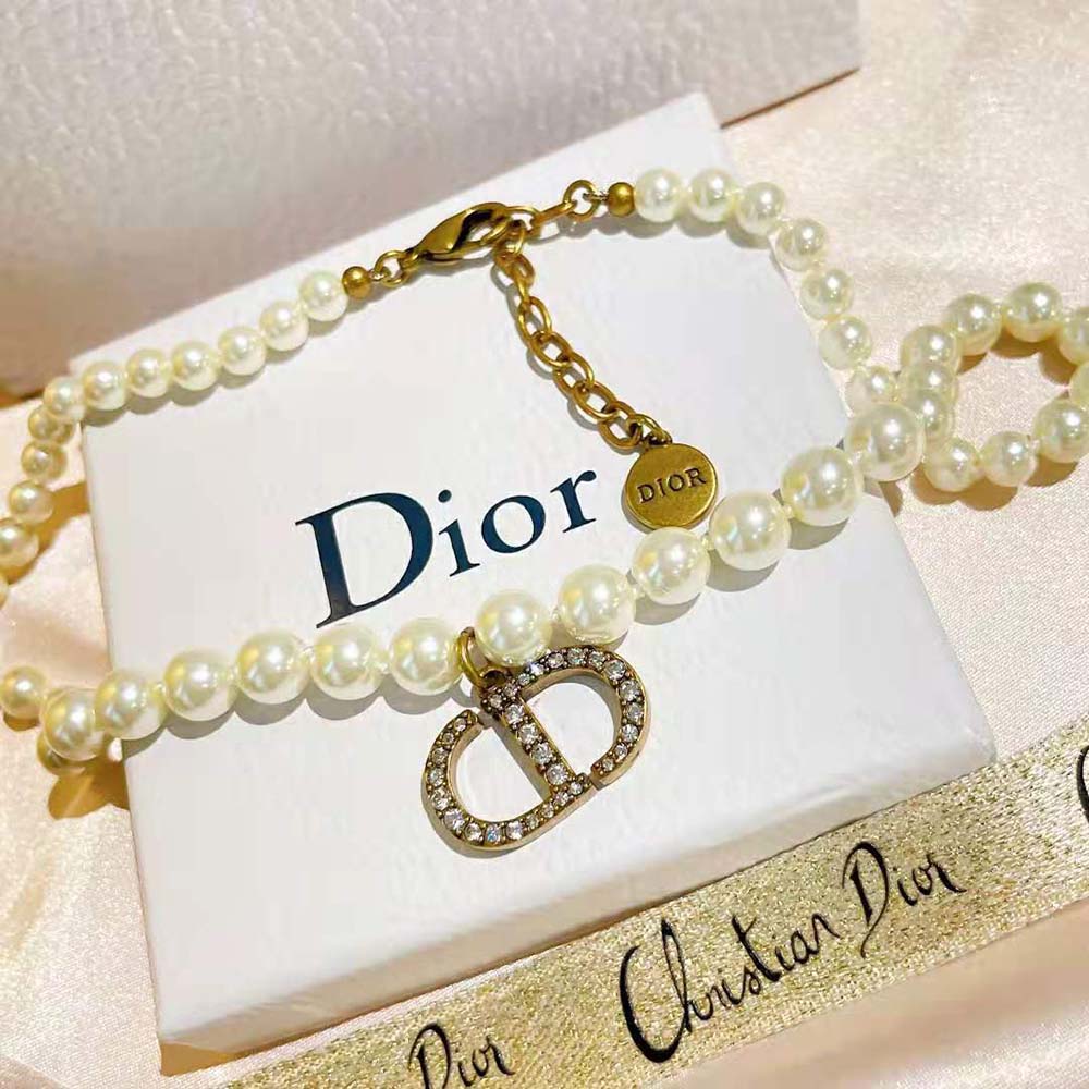 Dior Women 30 Montaigne Choker Antique Gold-Finish Metal with White Resin Pearls and White Crystals - image 6