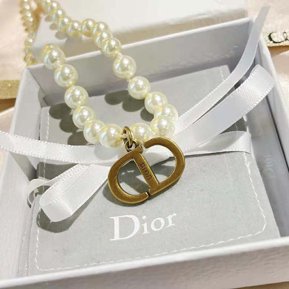 Dior Women 30 Montaigne Choker Antique Gold-Finish Metal with White Resin Pearls and White Crystals - image 4