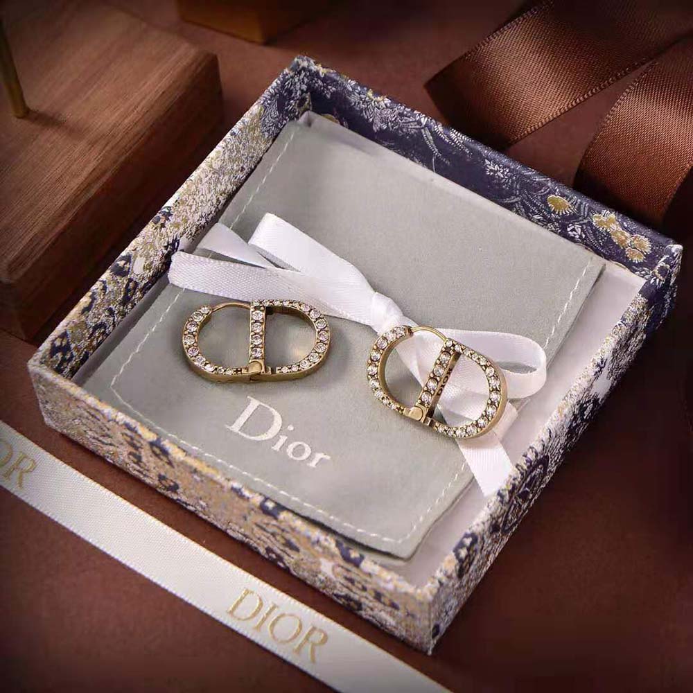 Dior Women 30 Montaigne Earrings Antique Gold-Finish Metal and White Crystals - image 5