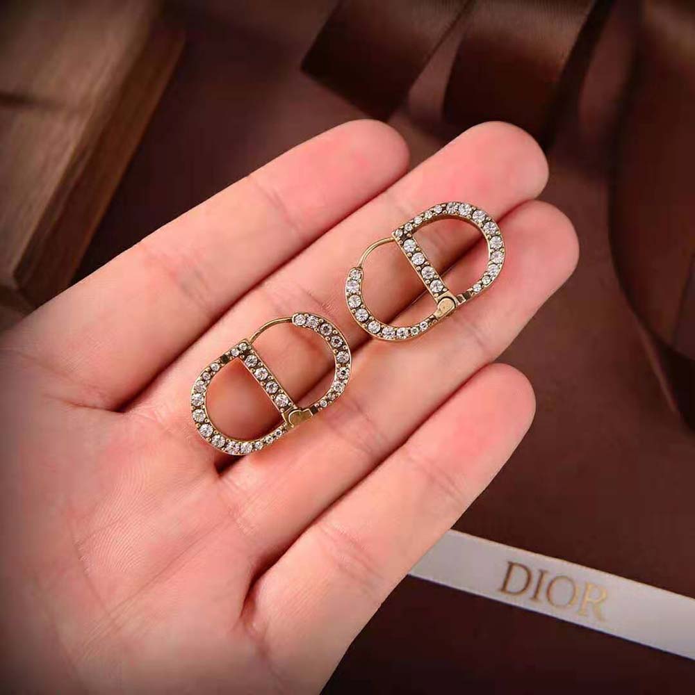 Dior Women 30 Montaigne Earrings Antique Gold-Finish Metal and White Crystals - image 7