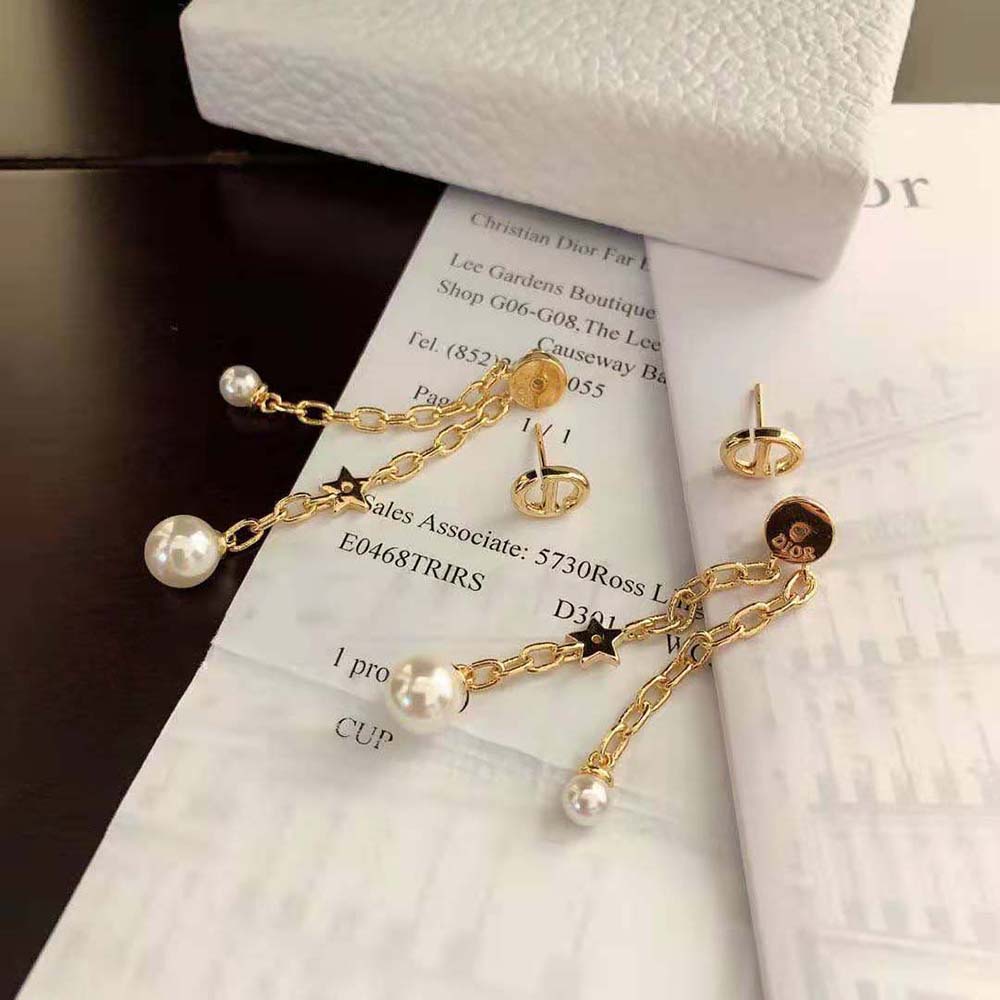Dior Women CD Navy Earrings Gold-Finish Metal and White Resin Pearls - image 9