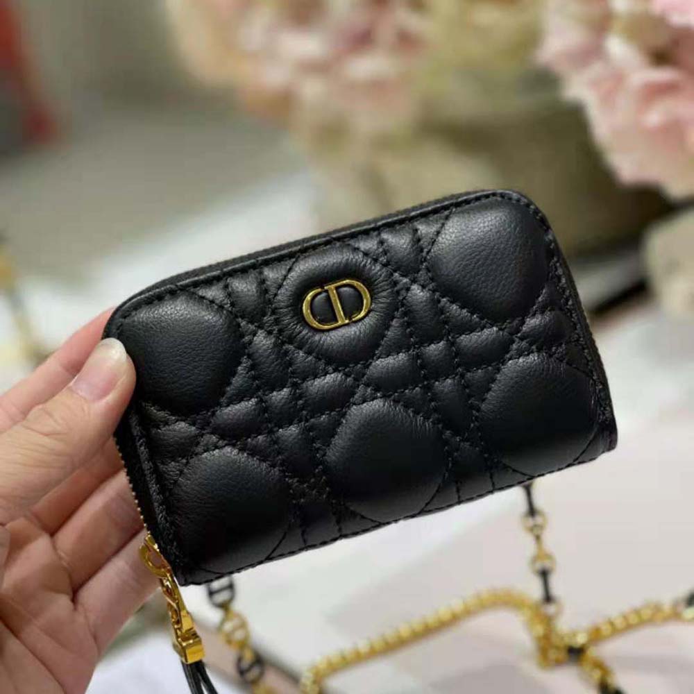 Close-up of signature cannage stitching on Dior Women Caro Card Holder