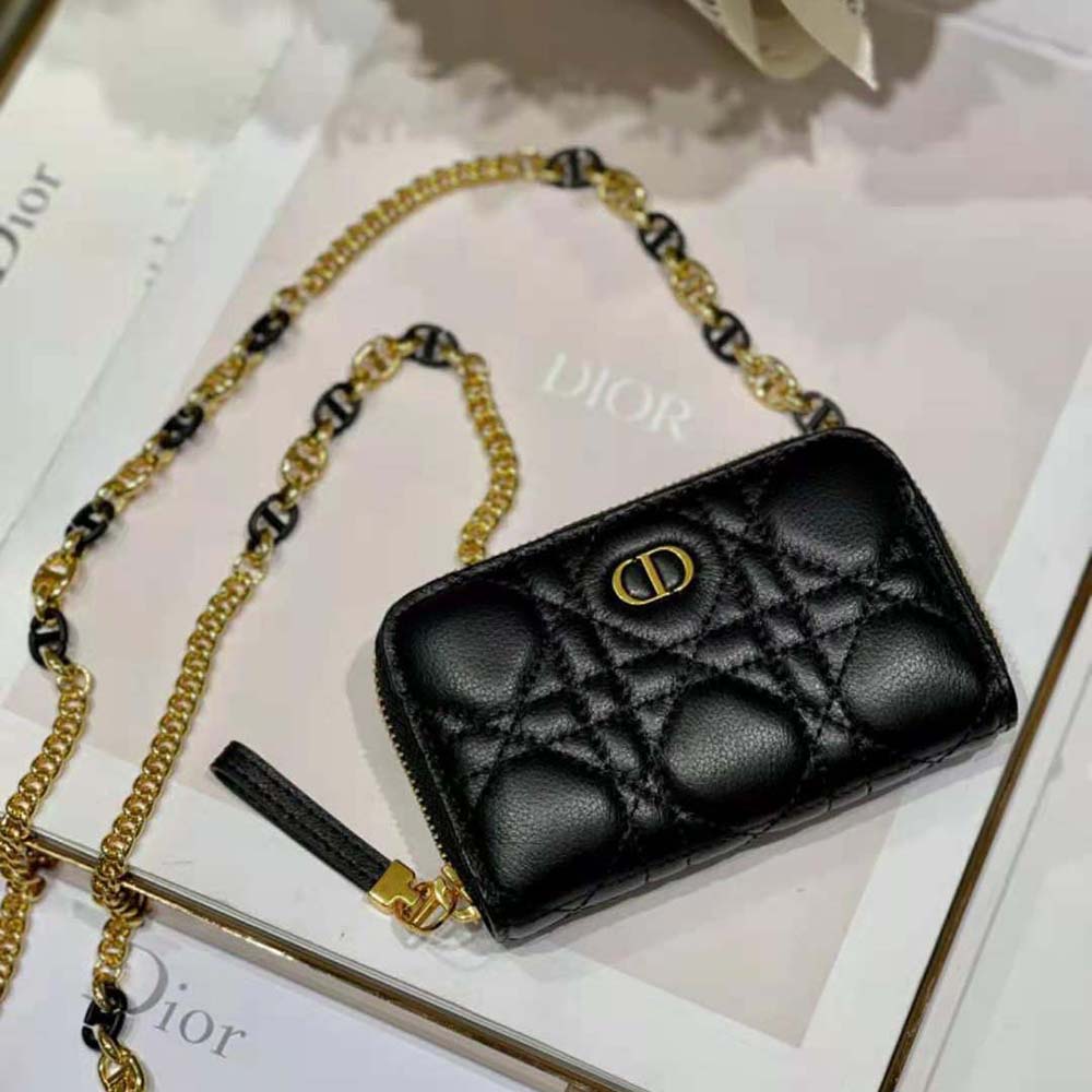 Side angle showing silver-tone hardware on Dior Women Caro Card Holder