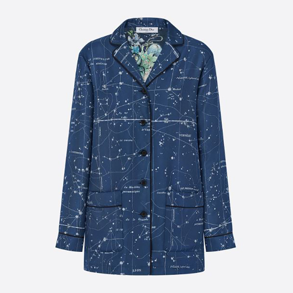 Front view of Dior Women Chez Moi Jacket Blue Dior Zodiac Silk Twill