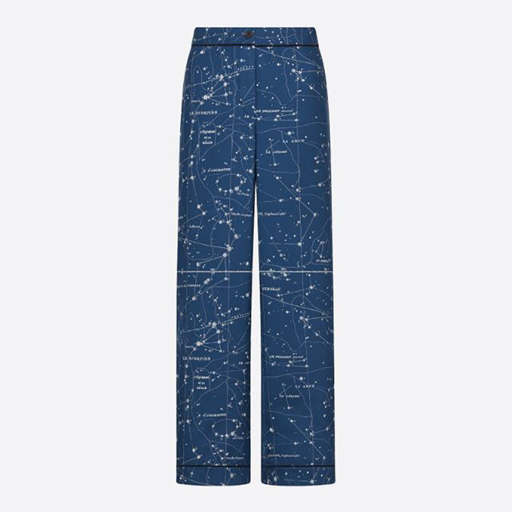 Front view of Dior Women Chez Moi Pants Blue Dior Zodiac Silk Twill