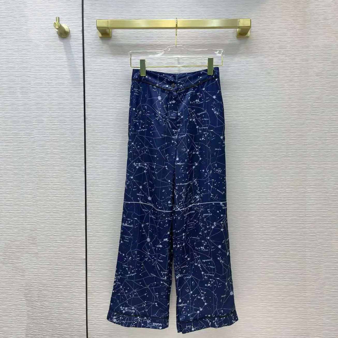 Side angle showing silhouette of Dior Women Chez Moi Pants Blue Silk Twill