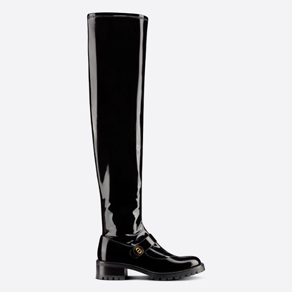 Side profile of Dior Women D-Doll Thigh Boot Black crinkled patent calfskin