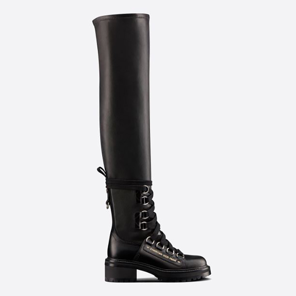 Side view of Dior Women D-Doll Thigh Boot Black Lambskin showing silhouette