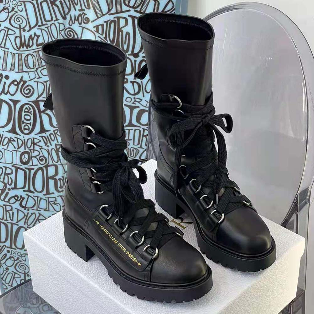 Front angle showing silhouette of Dior Women D-Fight Ankle Boot Black Lambskin