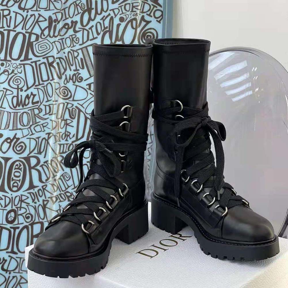 Close-up of zipper and lambskin texture on Dior D-Fight ankle boot