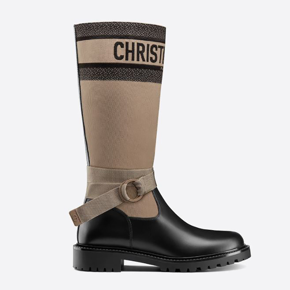 Side view of Dior Women D-major Boot Taupe and Black Technical Fabric and Black Calfskin