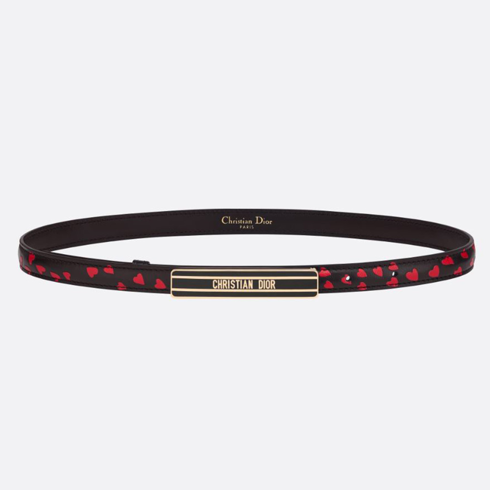 Front view of Dior Women Dior-id Belt Navy Blue I Love Paris and Red Hearts