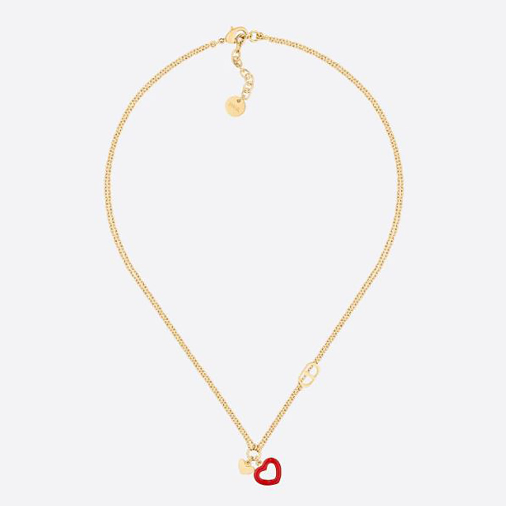 Close-up of Dior Women Dioramour Necklace Gold-Finish Metal and Red Lacquer heart charm