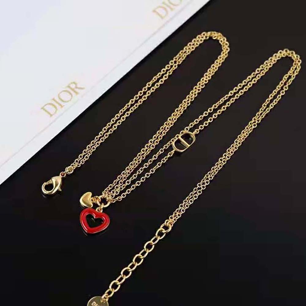 Dior Women Dioramour Necklace Gold-Finish Metal and Red Lacquer styled layered with other jewelry