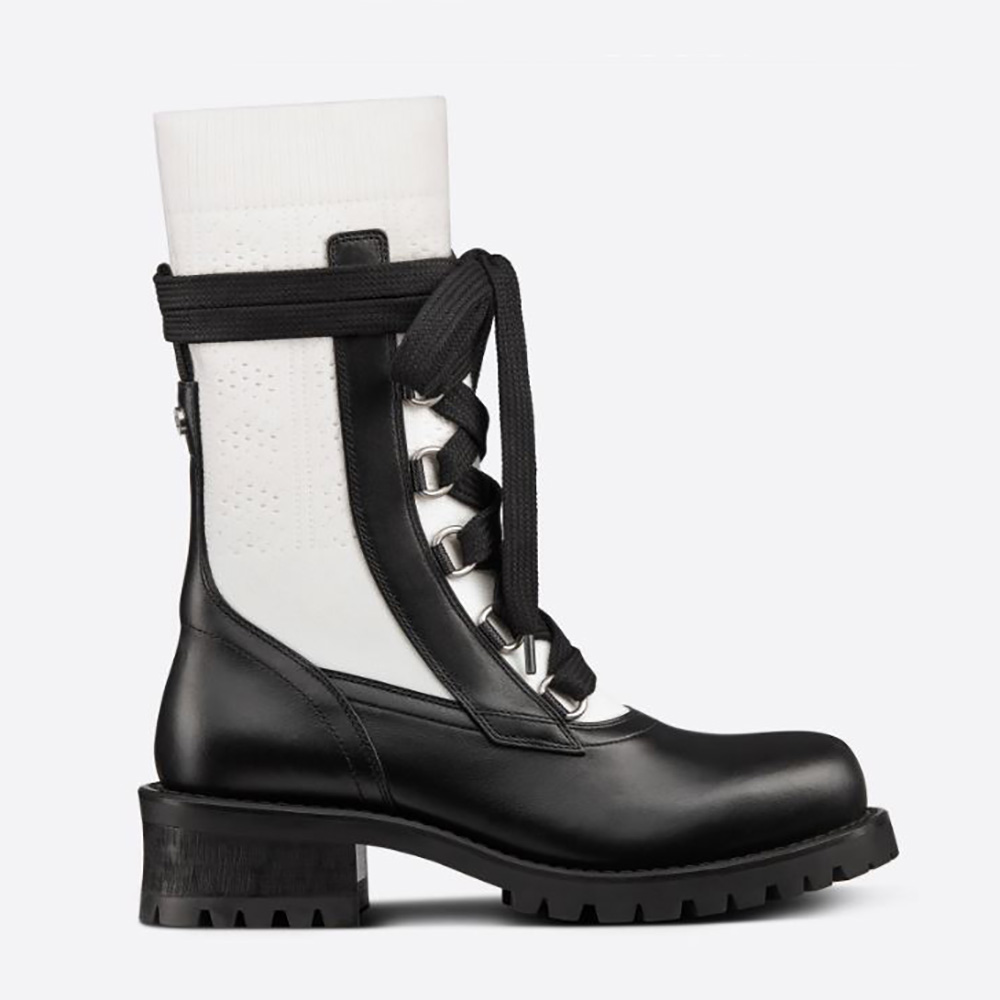 Side view of Dior Women Diorland Lace-up Boot Black Calfskin and White Cotton
