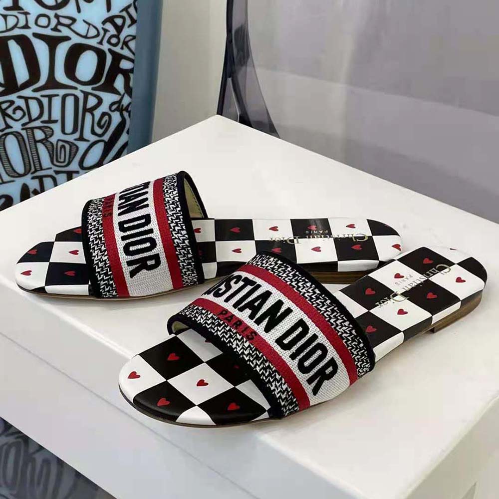 Dior Women Dway Dioramour Slide White Black and Red D-Chess Heart Embroidered Cotton - image 4