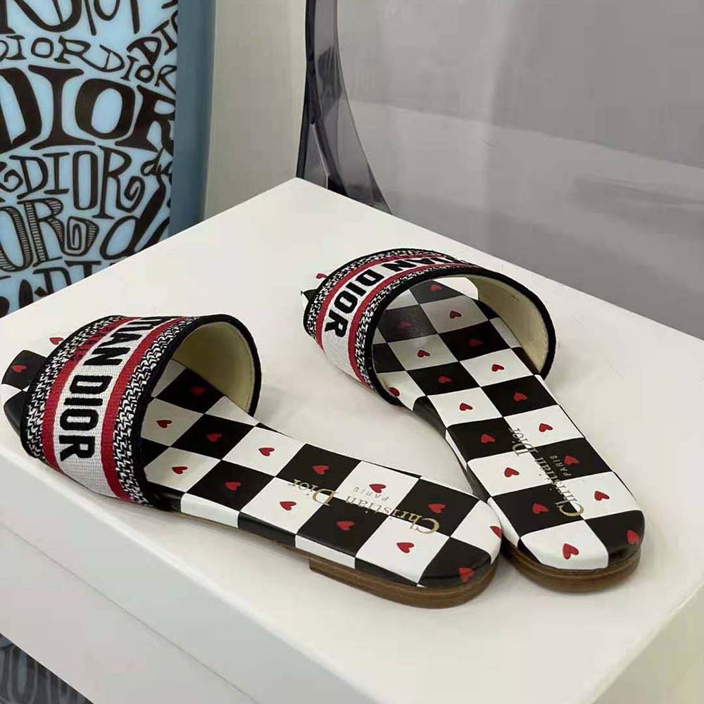 Dior Women Dway Dioramour Slide White Black and Red D-Chess Heart Embroidered Cotton - image 5