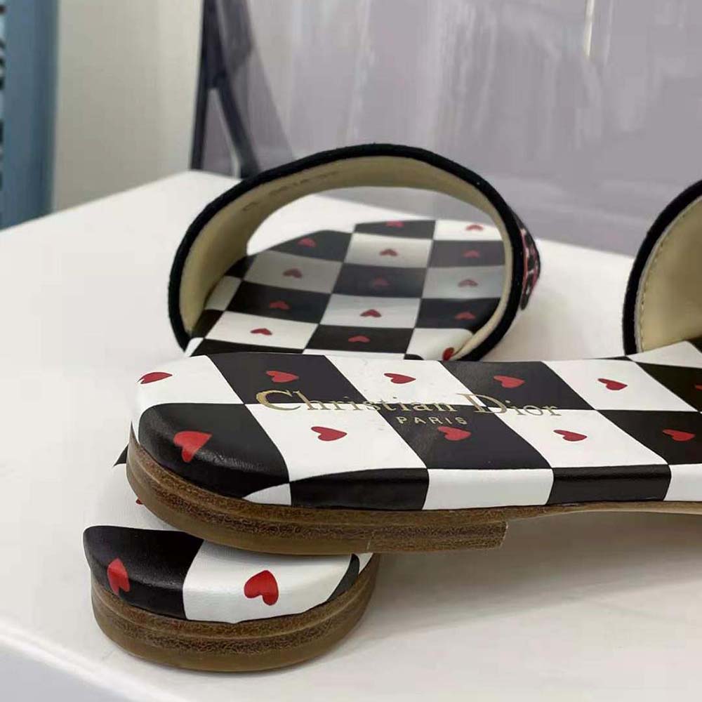 Dior Women Dway Dioramour Slide White Black and Red D-Chess Heart Embroidered Cotton - image 7