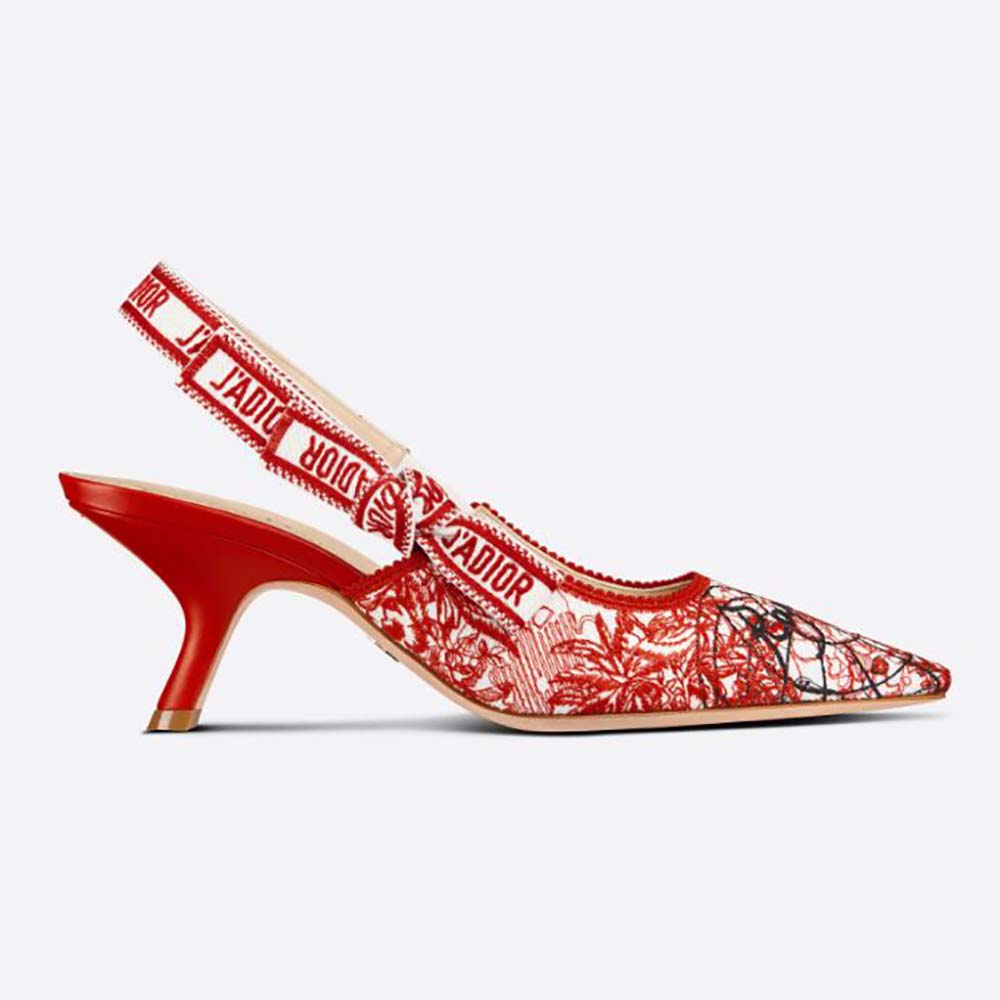 Front angle of Dior Women J Adior Dioramour Slingback Pump in red cotton