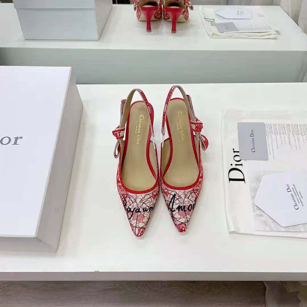 Close-up of embroidered cotton detail on Dior Women J Adior Dioramour Slingback Pump