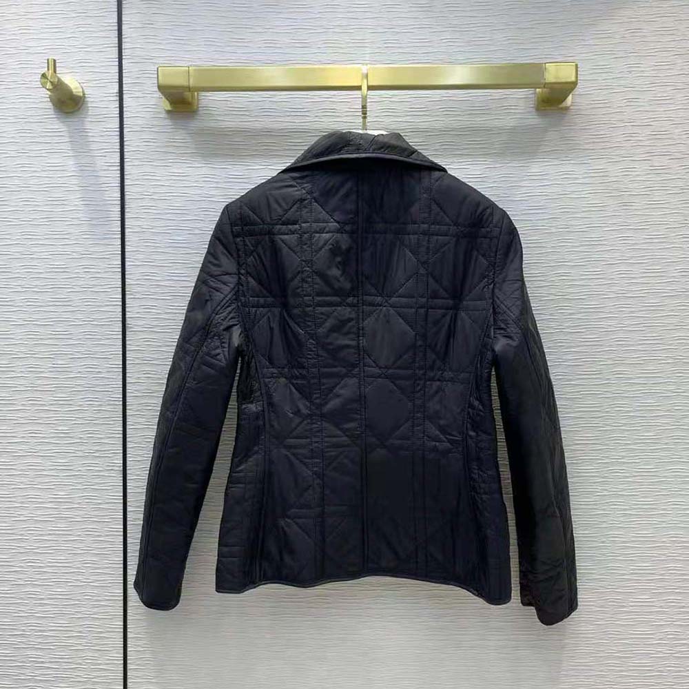 Side angle showcasing silhouette of Dior Women Macrocannage Bar Jacket in black