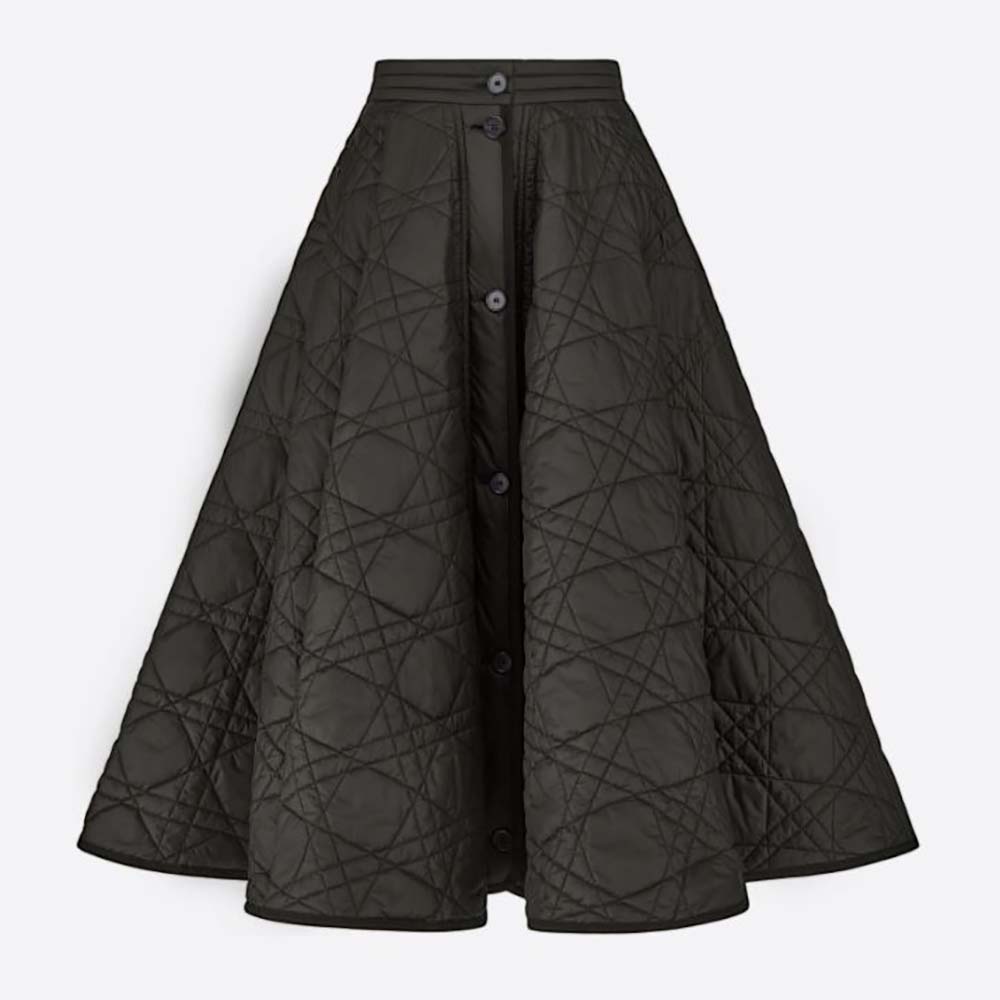 Front view of Dior Women Macrocannage Mid-Length skirt in black quilted taffeta