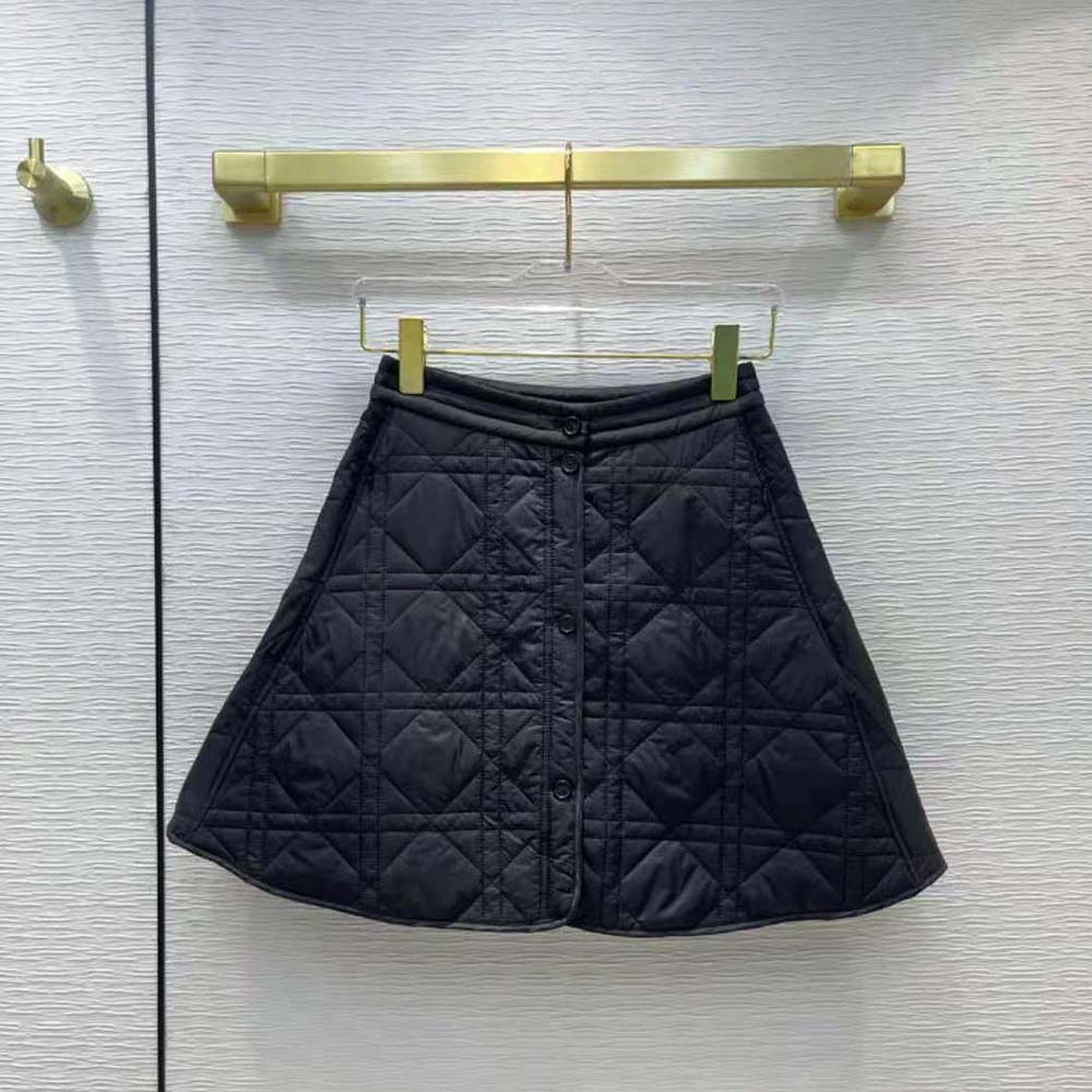Close-up detail of quilted Macrocannage pattern on Dior miniskirt