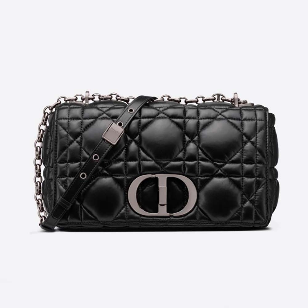 Front view of Dior Women Medium Dior Caro Bag Black Quilted Macrocannage Calfskin