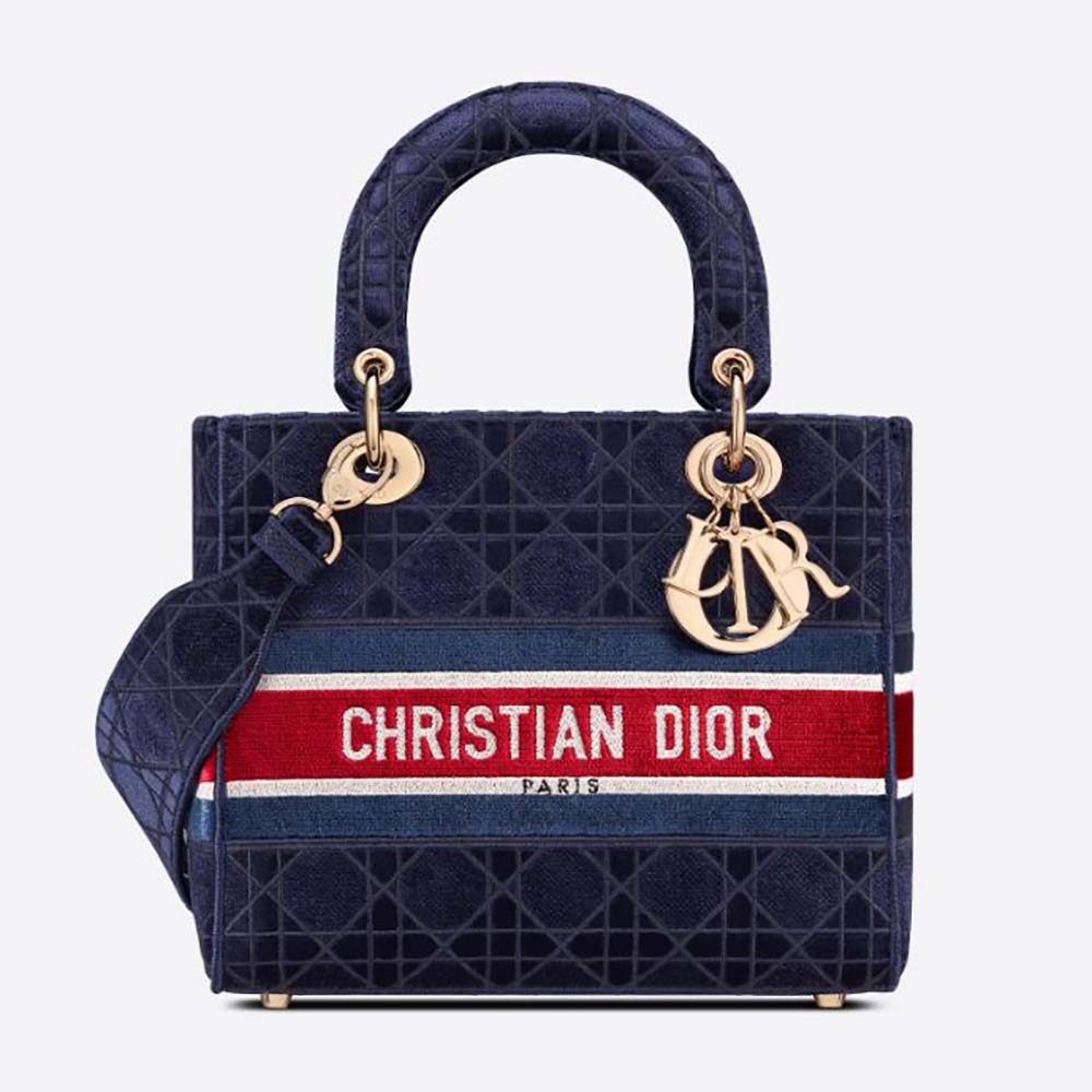 Front view of Dior Women Medium Lady D-lite Bag Blue Velvet Cannage Embroidery