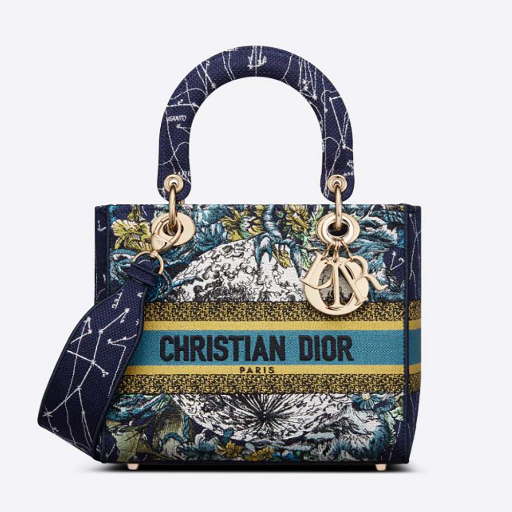 Front view of Dior Women Medium Lady D-lite Bag Latte Multicolor Dior Constellation Embroidery-Blue