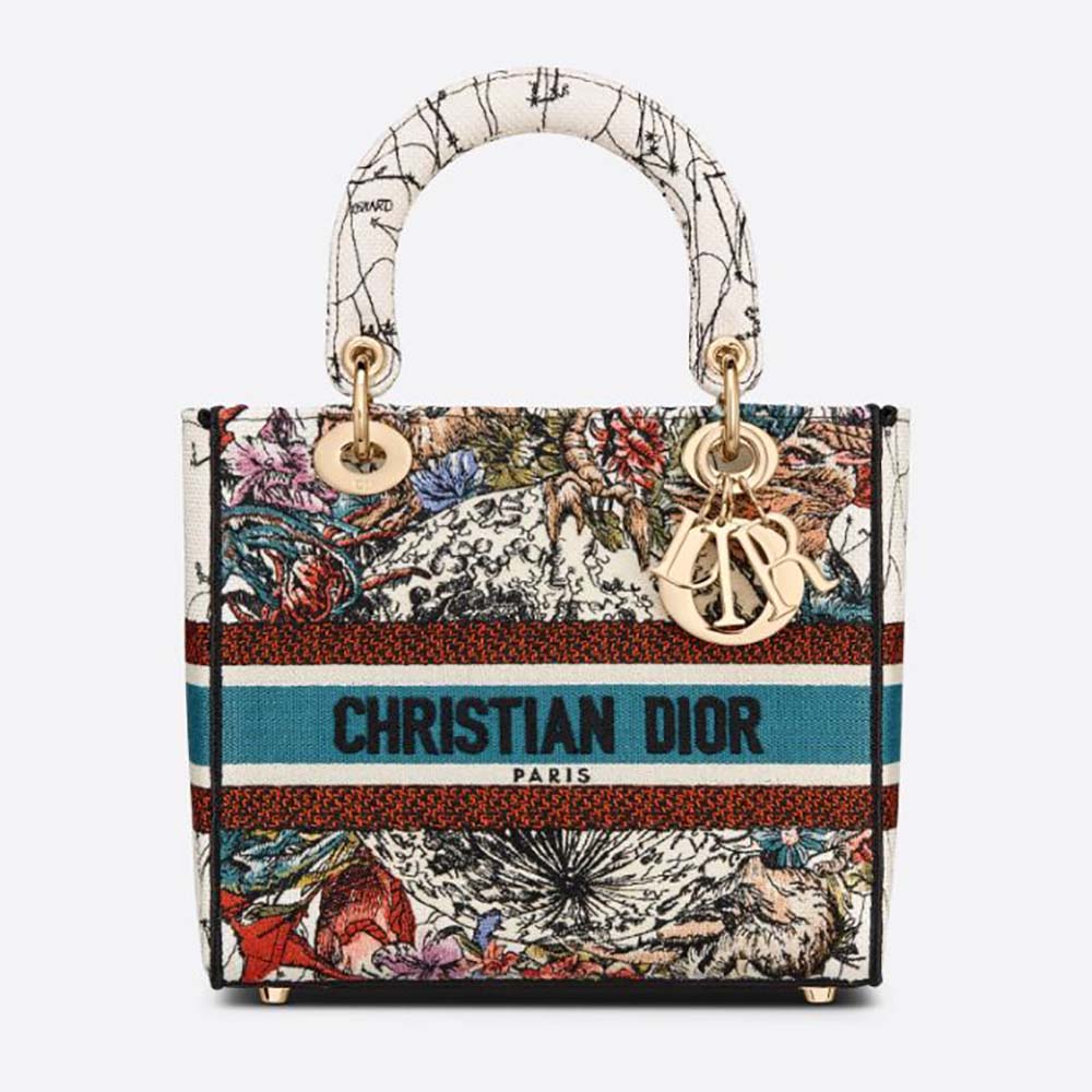 Front view of Dior Women Medium Lady D-lite Bag Latte Multicolor Dior Constellation Embroidery-White