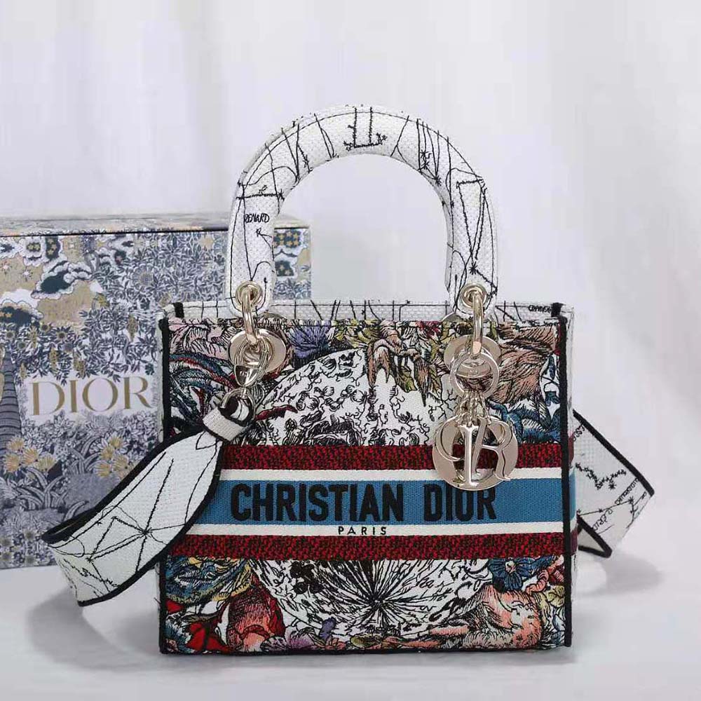 Close-up of constellation embroidery and silver hardware on Dior Lady D-lite Bag