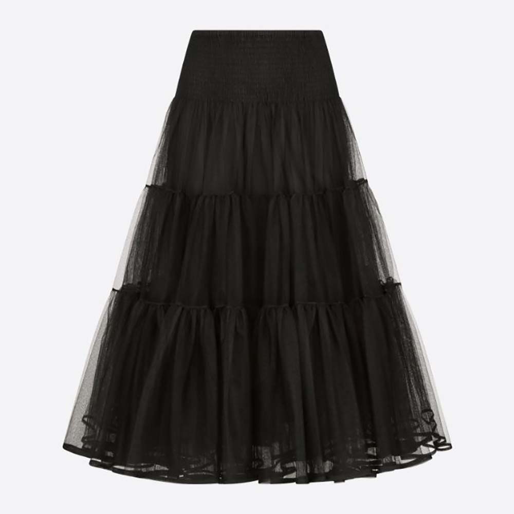 Front view of Dior Women Mid-Length Frilled Skirt Black Technical Tulle