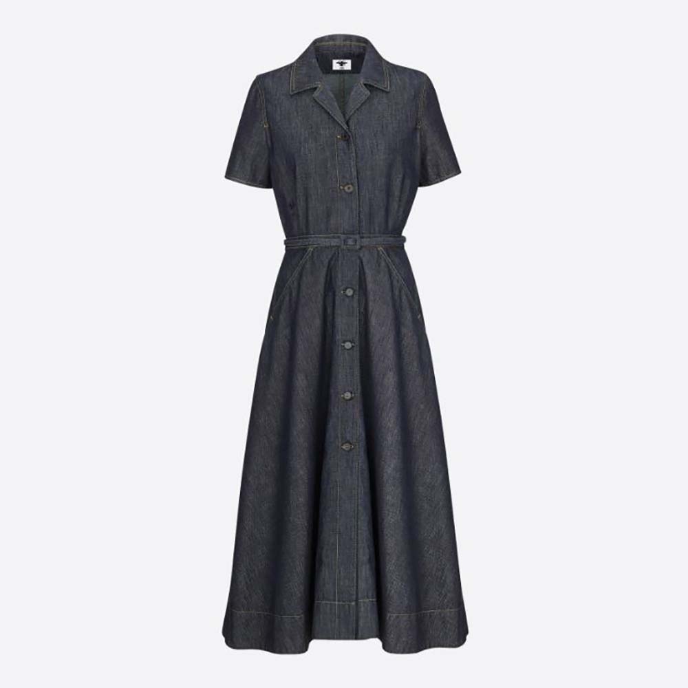 Front view of Dior Women Mid-Length Short-Sleeved Dress Deep Blue Cotton Denim