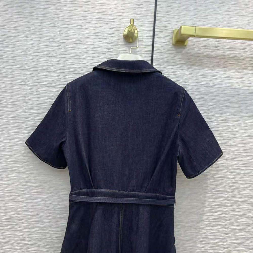 Dior Women Mid-Length Short-Sleeved Dress Deep Blue Cotton Denim - image 6