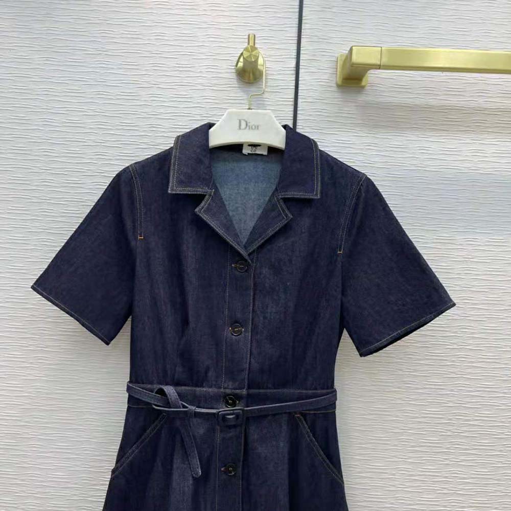 Dior Women Mid-Length Short-Sleeved Dress Deep Blue Cotton Denim - image 4