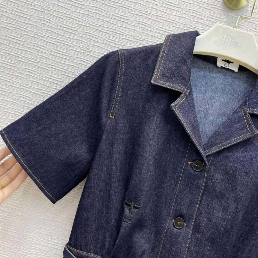 Dior Women Mid-Length Short-Sleeved Dress Deep Blue Cotton Denim - image 5