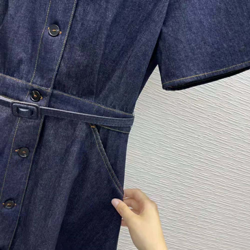 Dior Women Mid-Length Short-Sleeved Dress Deep Blue Cotton Denim - image 8