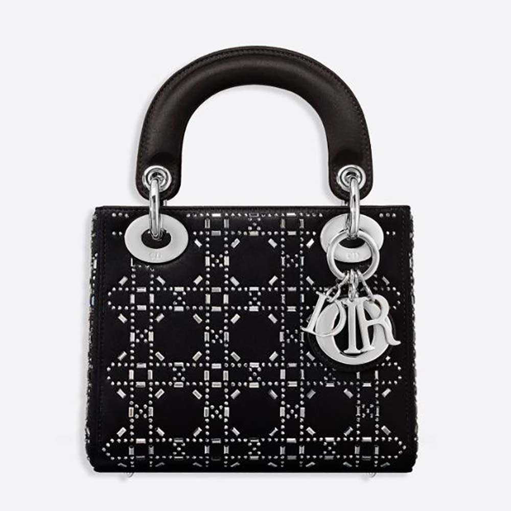 Front view of Dior Women Mini Lady Dior Bag Black Strass Cannage Satin