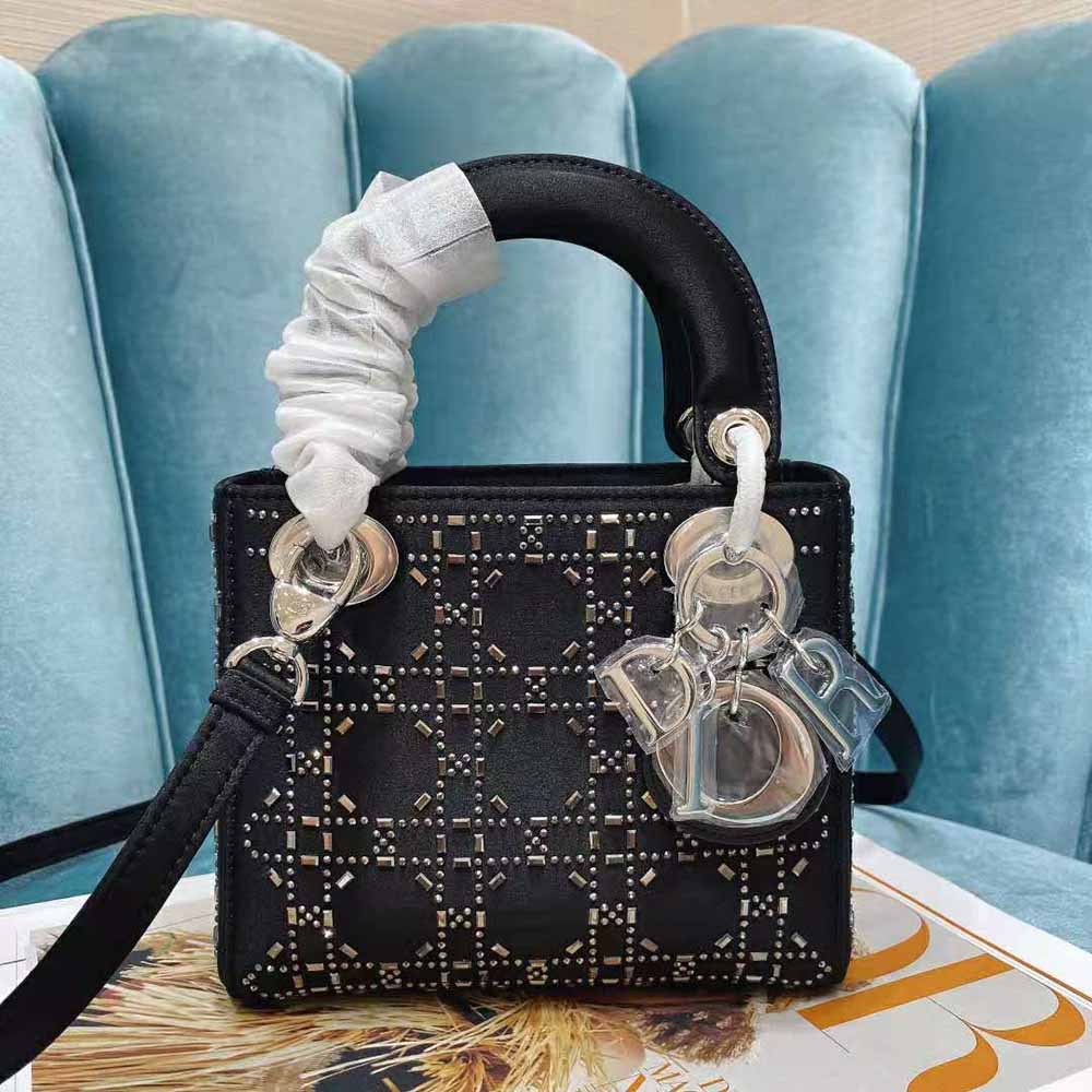 Close-up of black strass and cannage quilting on Dior Mini Lady Dior Bag