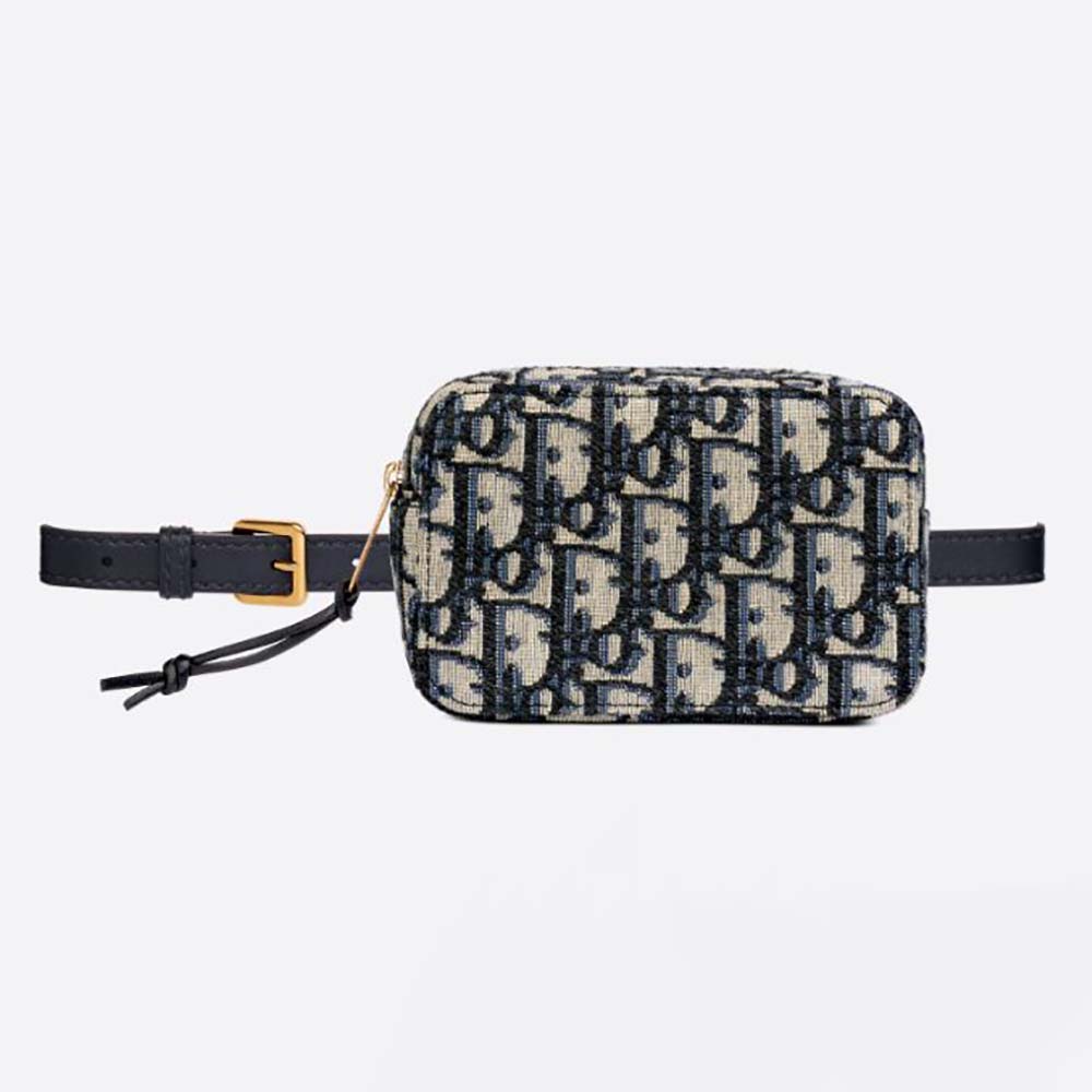 Front view of Dior Women Oblique Belt Pouch Blue Dior Oblique Jacquard