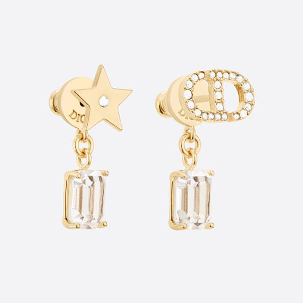 Close-up of Dior Women Petit CD Earrings Gold-Finish Metal and White Crystals front view