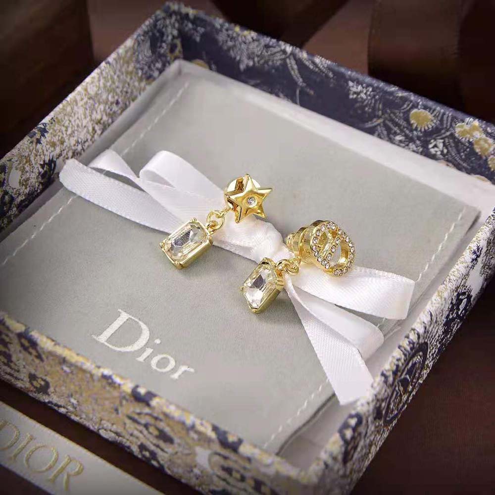 Dior Women Petit CD Earrings Gold-Finish Metal and White Crystals - image 4