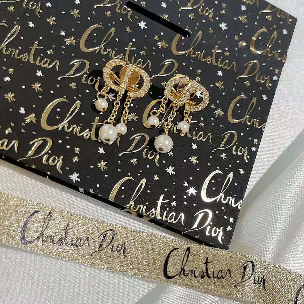 Dior Women Petit CD Earrings Gold-Finish Metal with White Resin Pearls and White Crystals - image 7