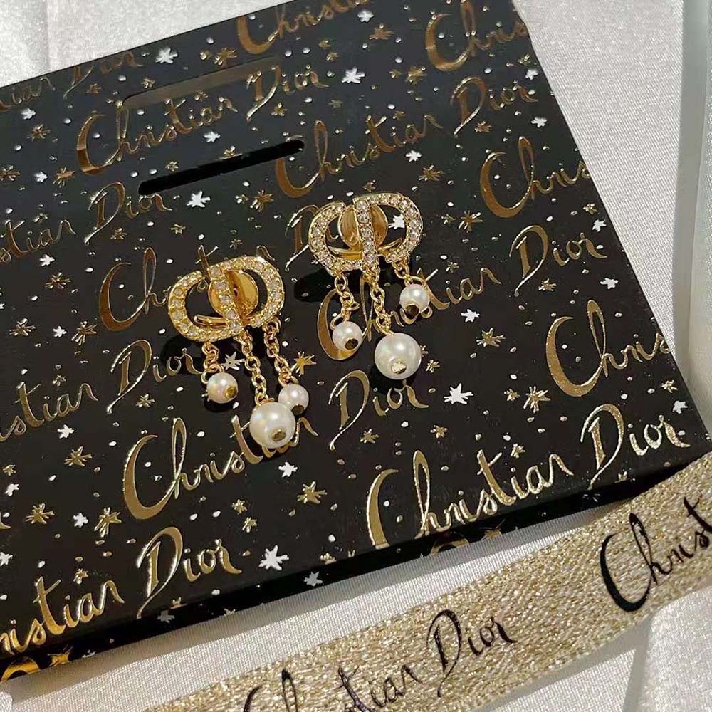 Dior Women Petit CD Earrings Gold-Finish Metal with White Resin Pearls and White Crystals - image 6