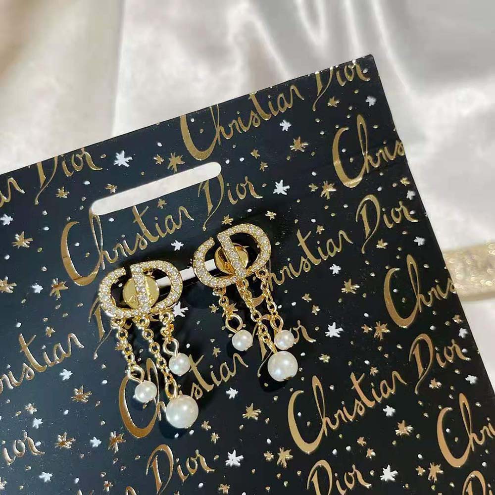 Dior Women Petit CD Earrings Gold-Finish Metal with White Resin Pearls and White Crystals - image 4