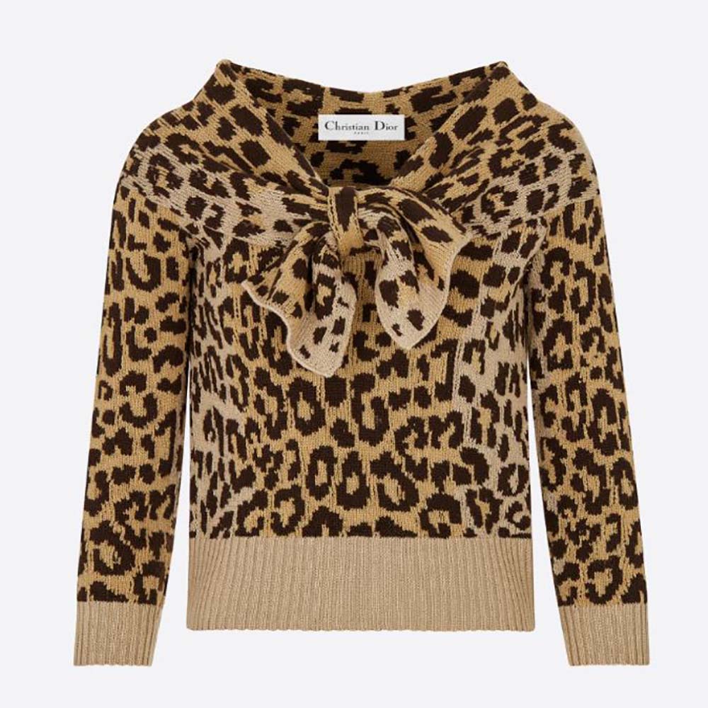Front view of Dior Women Tied Collar Sweater Beige Multicolor Mizza Cashmere