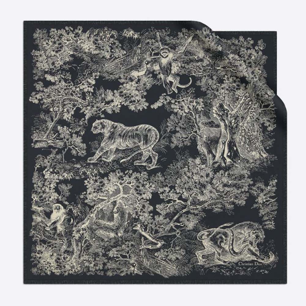 Front view of Dior Women Toile DE Jouy Reverse Square Scarf Silk Twill-Black