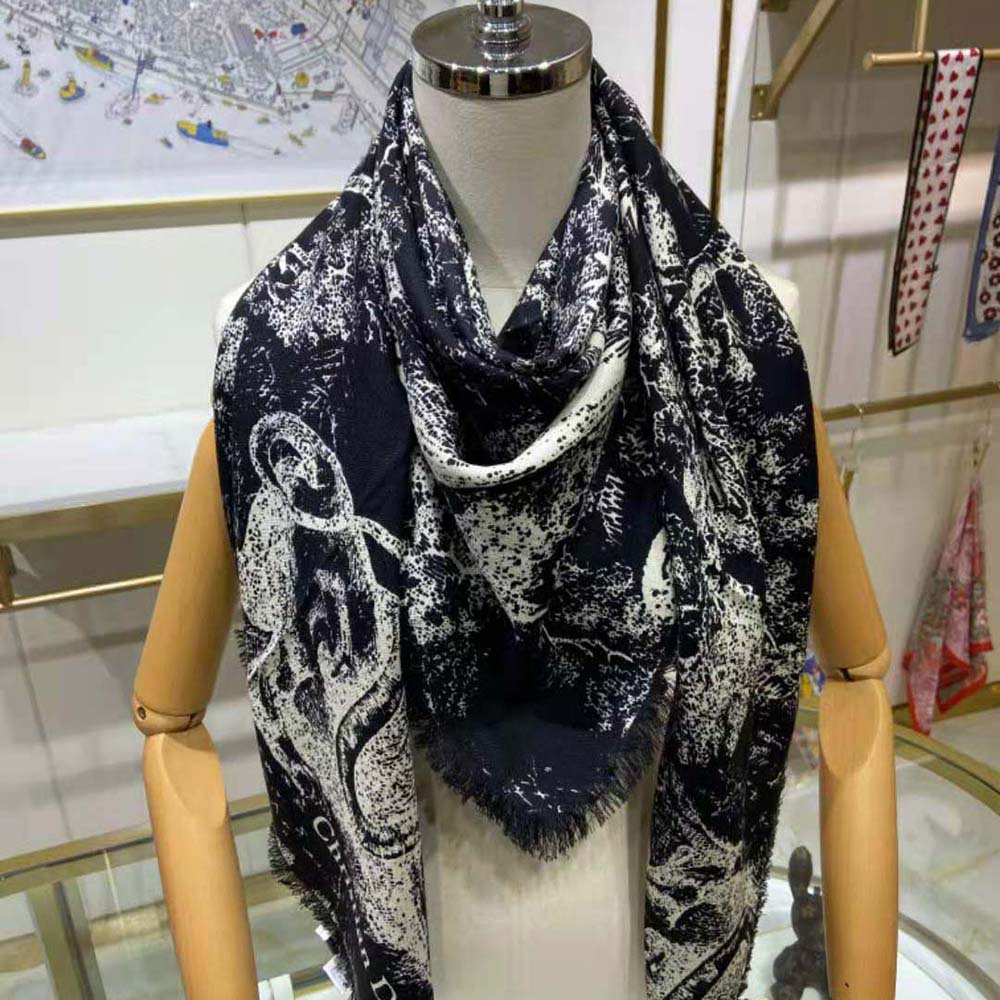 Folded Dior Women Toile DE Jouy Reverse Square Scarf Silk Twill-Black showing texture
